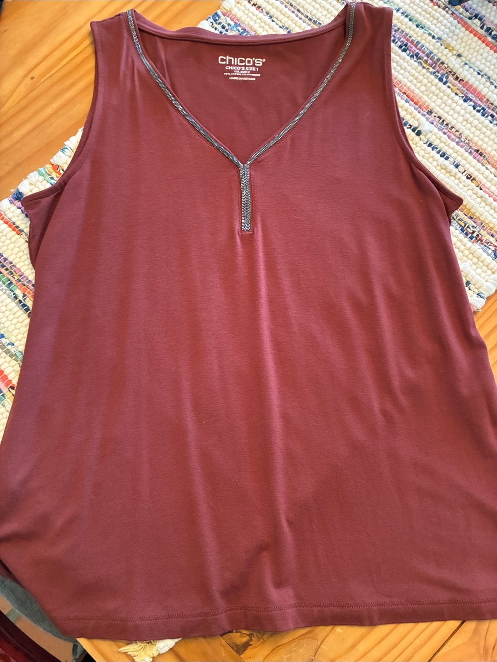 Chico's Rust Sleeveless V-Neck Tank with Metallic Trim, medium